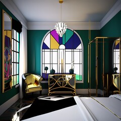 Modern Bedroom concept, colored glass windows Generative AI