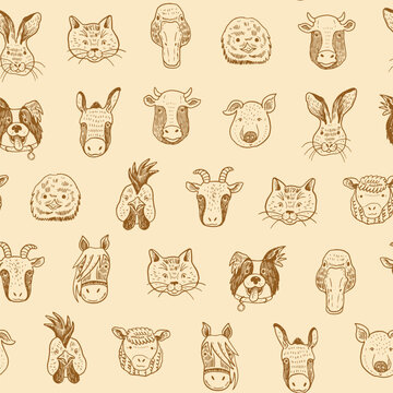 Farm Animals faces funny vector seamless line pattern.