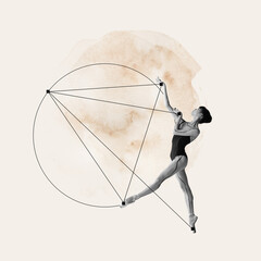 Young graceful girl, professional ballerina making performance over light background with abstract design elements. Contemporary art collage. Classical ballet, beauty, creativity, inspiration concept - obrazy, fototapety, plakaty
