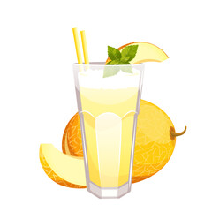 Milkshake with melon. Refreshing drink with milk, melon, mint. Vector illustration .