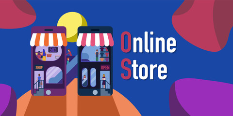 vector illustration concept shopping store on phone screen on night background