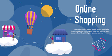 concept shopping and online store with fast delivery, store and house on the cloud At night and there's a balloon and a delivery man.