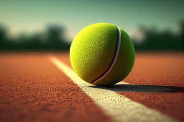 Tennis ball on empty court floor close up outdoor sport field. Generative Ai