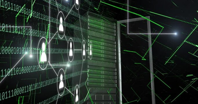Animation of media icons and spots over server and binary coding