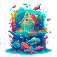 Fototapeta na wymiar Colorful Under water House clipart, Transparent background, sublimation design, t-shirt design, wall mate design, frame design, Generative AI