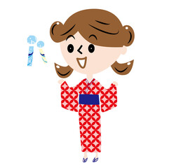 七宝模様の浴衣を着た元気な女の子と風鈴のイラスト