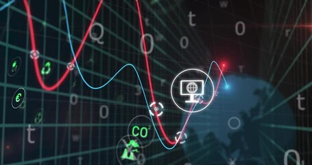 Animation of ecology icons and data processing over globe - Powered by Adobe