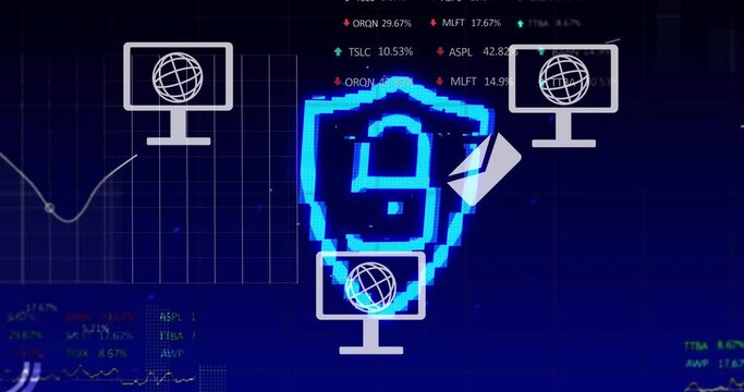 Animation of globe with computer and envelope icons over padlock and data processing