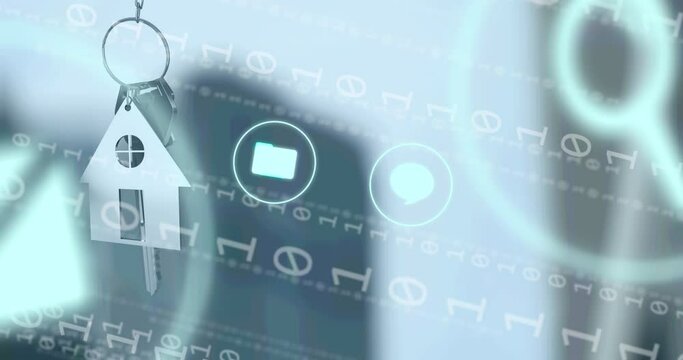 Animation of media icons and binary coding over key and house