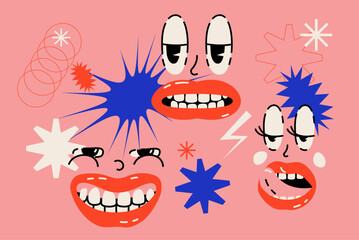 Geometric Vector Object illustration with different female Emotional lips in a cartoon style