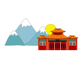 illustration. Traditional Chinese building, Asian pagoda, landscape with mountains on a white background. chinese culture concept