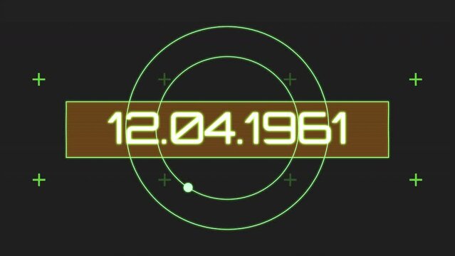 12.04.1961 with digital HUD elements and circles, motion abstract futuristic, cosmos and sci-fi style background