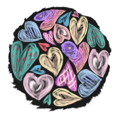 hand drawn crayon hearts on black background, colorful hearts gathered in a circle