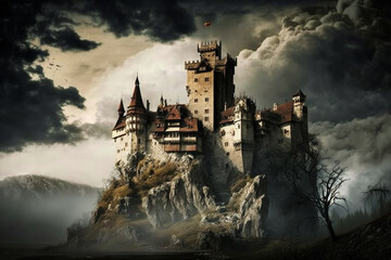 Naklejka premium Scary horror and haunted Dracula medieval vampire castle with bats. Halloween myth and legend. Creepy atmosphere with big clouds. Ai generated