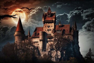 Scary horror and haunted Dracula medieval vampire castle with bats.  Halloween myth and legend. Creepy atmosphere with big clouds. Ai generated