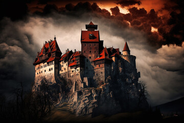 Scary horror and haunted Dracula medieval vampire castle with bats.  Halloween myth and legend. Creepy atmosphere with big clouds. Ai generated