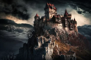 Foto op Canvas Scary horror and haunted Dracula medieval vampire castle with bats.  Halloween myth and legend. Creepy atmosphere with big clouds. Ai generated © dragomirescu