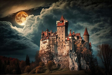 Scary horror and haunted Dracula medieval vampire castle with bats.  Halloween myth and legend. Creepy atmosphere with big clouds. Ai generated
