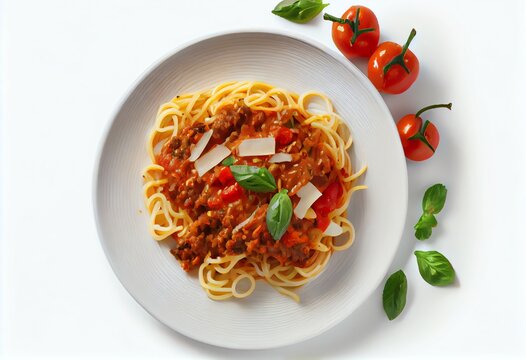 Vegan Spaghetti Bolognese On Isolated white Background, Png. Generative AI