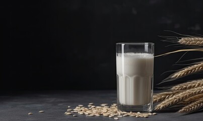 Plant based Barley milk and barley on gray background, generative AI
