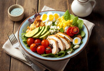 Crisp and Fresh Cobb Salad with Tender Grilled Chicken, Creamy Avocado, and Crumbled Blue Cheese. Generative AI - obrazy, fototapety, plakaty