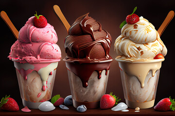 Chocolate, strawberry and vanilla ice cream. Generative Ai - obrazy, fototapety, plakaty