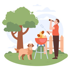Fototapeta premium BBQ party. Character grilling meat and vegetables outside. Summer