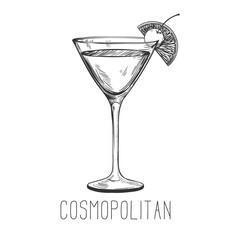 Alcoholic cocktail - cosmopolitan with lime and cherry. Hand-drawn Illustration on transparent background