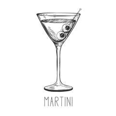 Alcoholic cocktail - martini with olive. Hand-drawn Illustration on transparent background