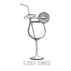 Alcoholic cocktail - tequila sunrise. Hand-drawn Illustration on transparent background
