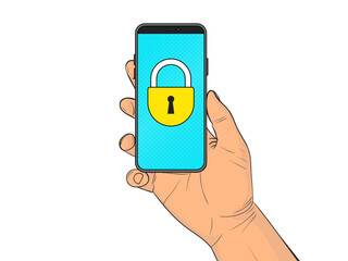 A hand with a smartphone with lock icon on screen. Locked phone. Security and Privacy Concept. Pop Art vintage Illustration on transparent background