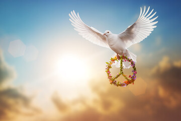 white dove holding flower and branch in symbol of Peace flying on sky for freedom concept...