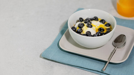 Healthy Greek yogurt with fresh blueberry and honey in white bowl on light grey marble background with copy space. Morning still life with healthy food. Healthy breakfast