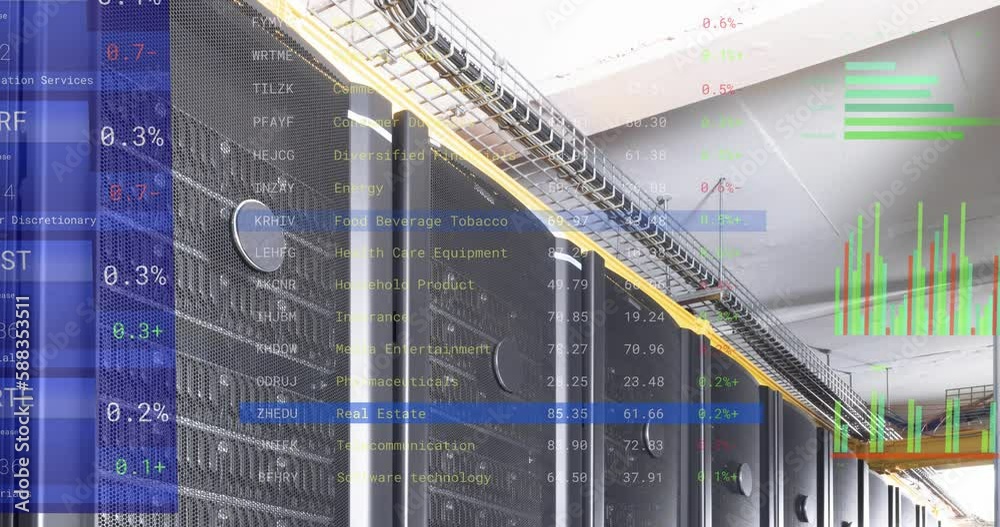 Poster animation of computer servers and financial data processing