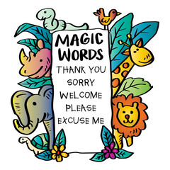 Magic words poster with cute cartoon animals. Educational Posters for Classroom.
