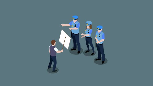 Police officers with a protester  3d isometric animation in 4K UHD 3840x2160