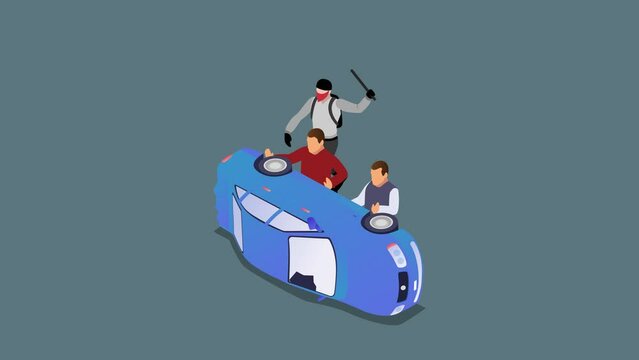 Street hooligans in face mask and hoodie damaging car 3d isometric animation in 4K UHD 3840x2160