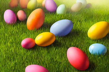 Fototapeta na wymiar Colorful eggs on the grass, Easter postcard, created with Generative AI