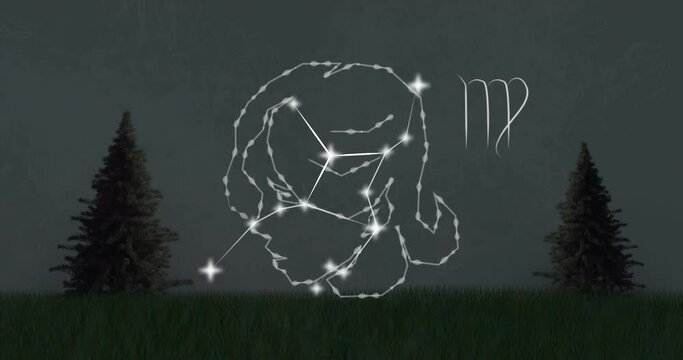 Animation of virgo star sign with glowing stars over grass and fir trees