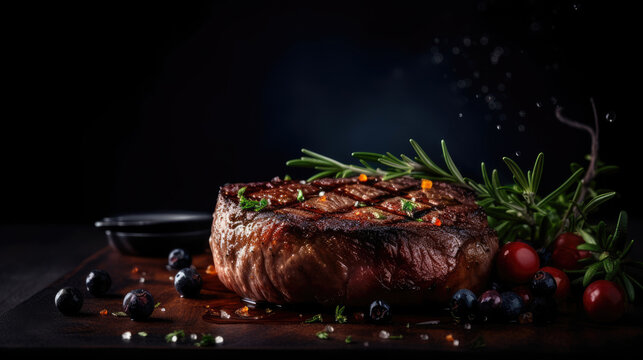 Delicious beef steak, background with space for copy. Generative AI