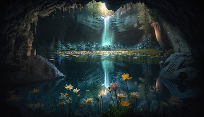 Fototapeta na wymiar view from inside the cave. A crystal clear lake with luminous flowers. Bright flowers.