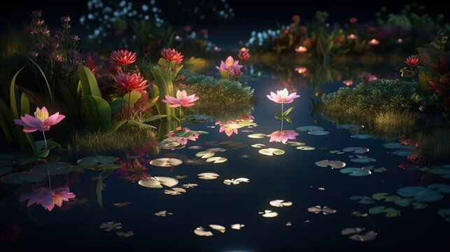 a crystalline lake with luminous flowers. Bright flowers.