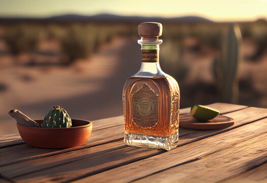 A bottle of tequila with a slice of lime on a wooden table, with a blurred background of a Mexican landscape. Generative AI