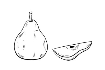 Pear and slice. Black and white vector illustration, sketch, pen and ink, freehand line drawing for logos, patterns, food design. On a white isolated background