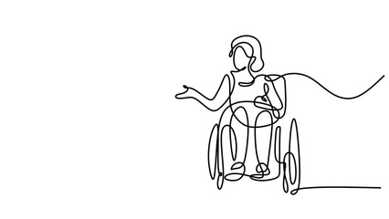 Woman on wheelchair vector, One line drawing illustration.