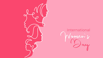 International womens day card. Vector illustration continuous one line drawing with pink colors background.