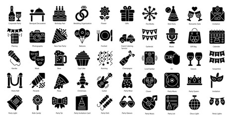 Party Glyph Icons Dancing Festival Iconset in Glyph Style 50 Vector Icons in Black