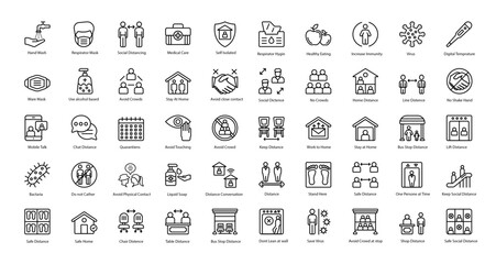 Social Distancing Thin Line Icons Corona Medical Iconset in Outline Style 50 Vector Icons in Black
