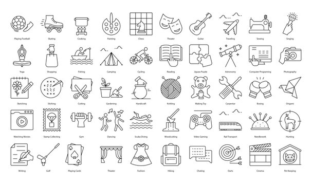 Hobbies Thin Line Icons Activities Hobby Iconset in Outline Style 50 Vector Icons in Black