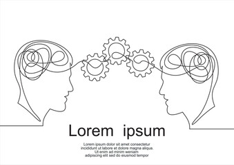 Heads of a man and gears , drawn in one line on a white background. One-line drawing. Continuous line. Vector